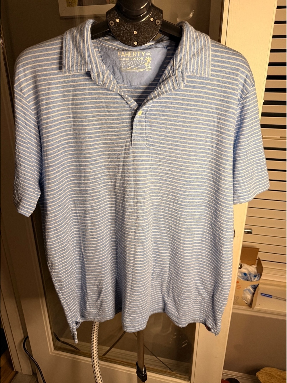 Faherty Cloud Cotton Blue Striped Short Sleeve Polo